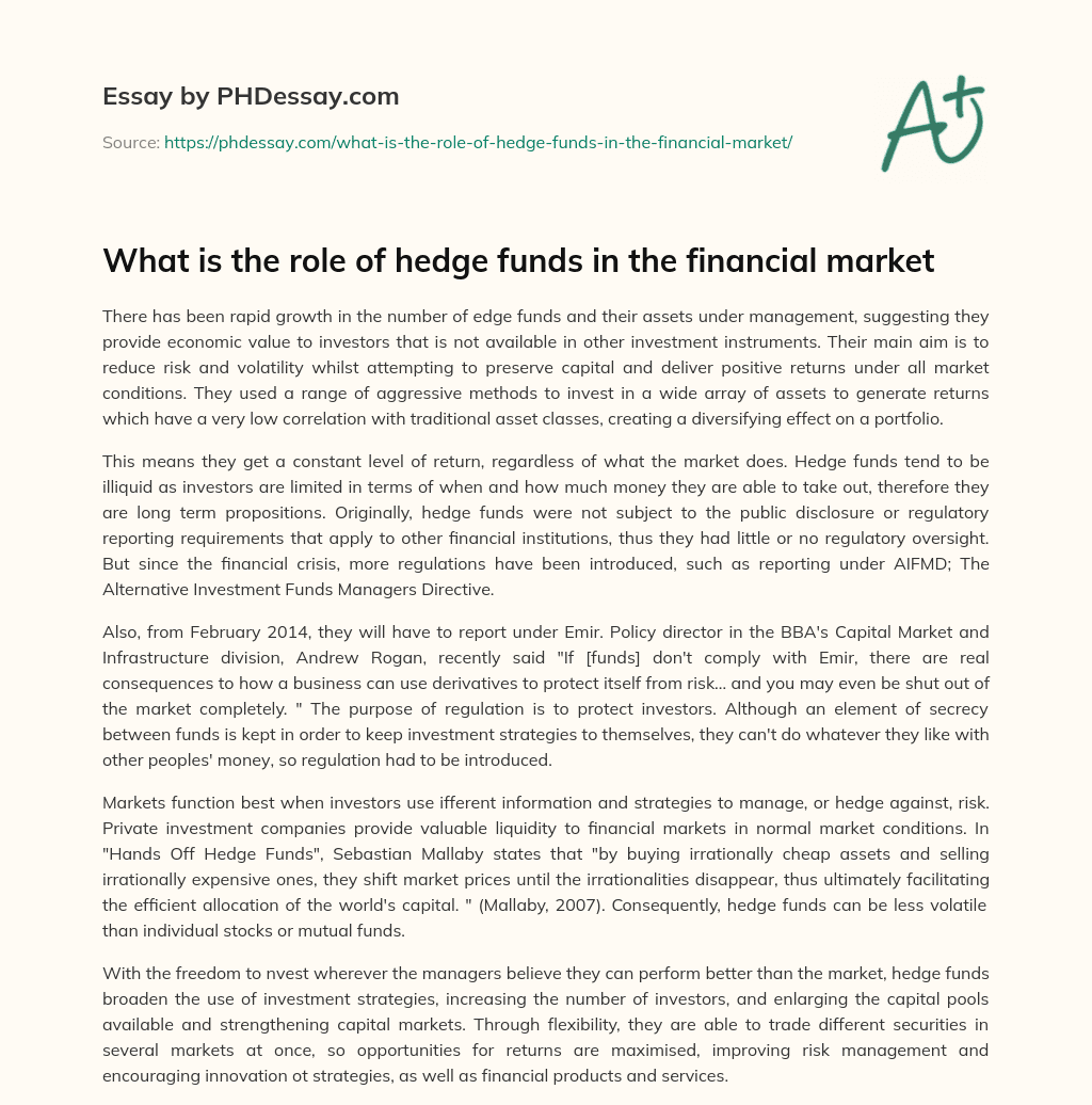 What is the role of hedge funds in the financial market essay
