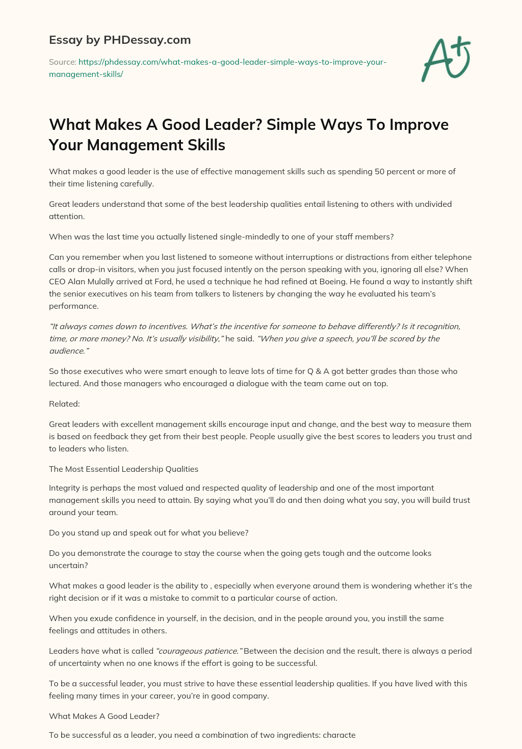 What Makes A Good Leader? Simple Ways To Improve Your Management Skills essay