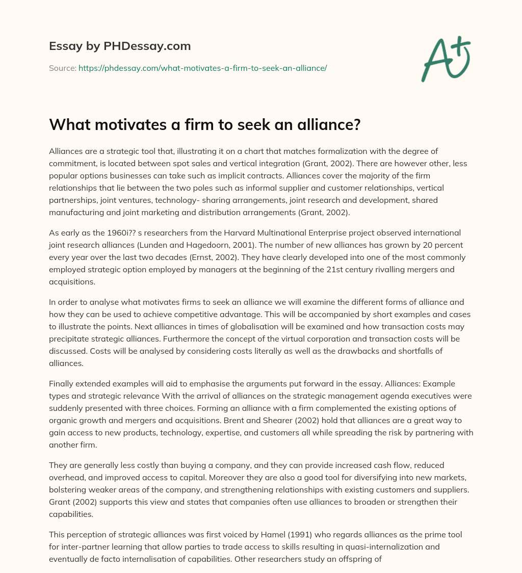 What motivates a firm to seek an alliance? essay