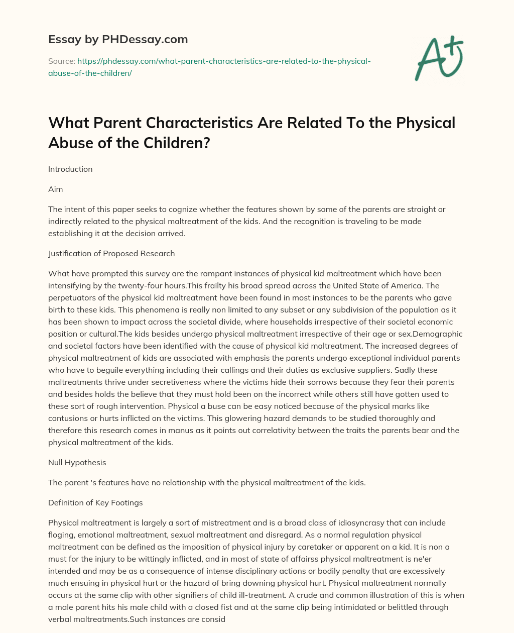 What Parent Characteristics Are Related To the Physical Abuse of the Children? essay