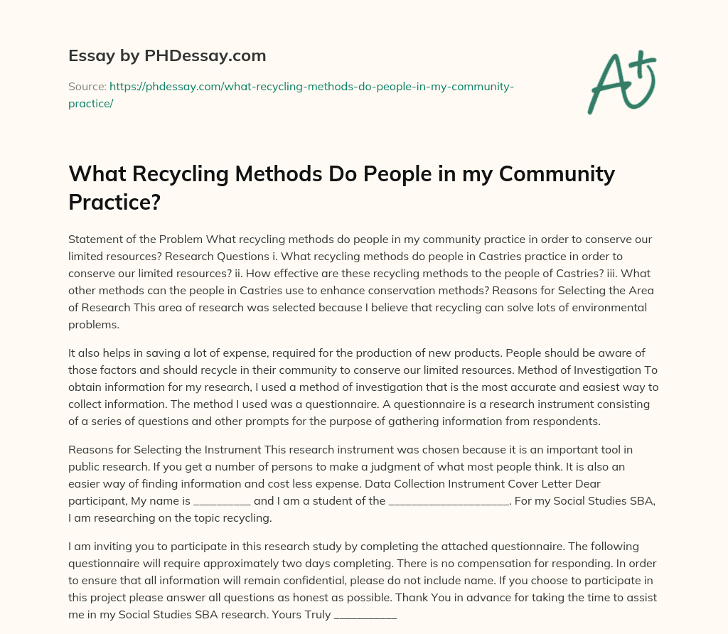 What Recycling Methods Do People in my Community Practice? essay