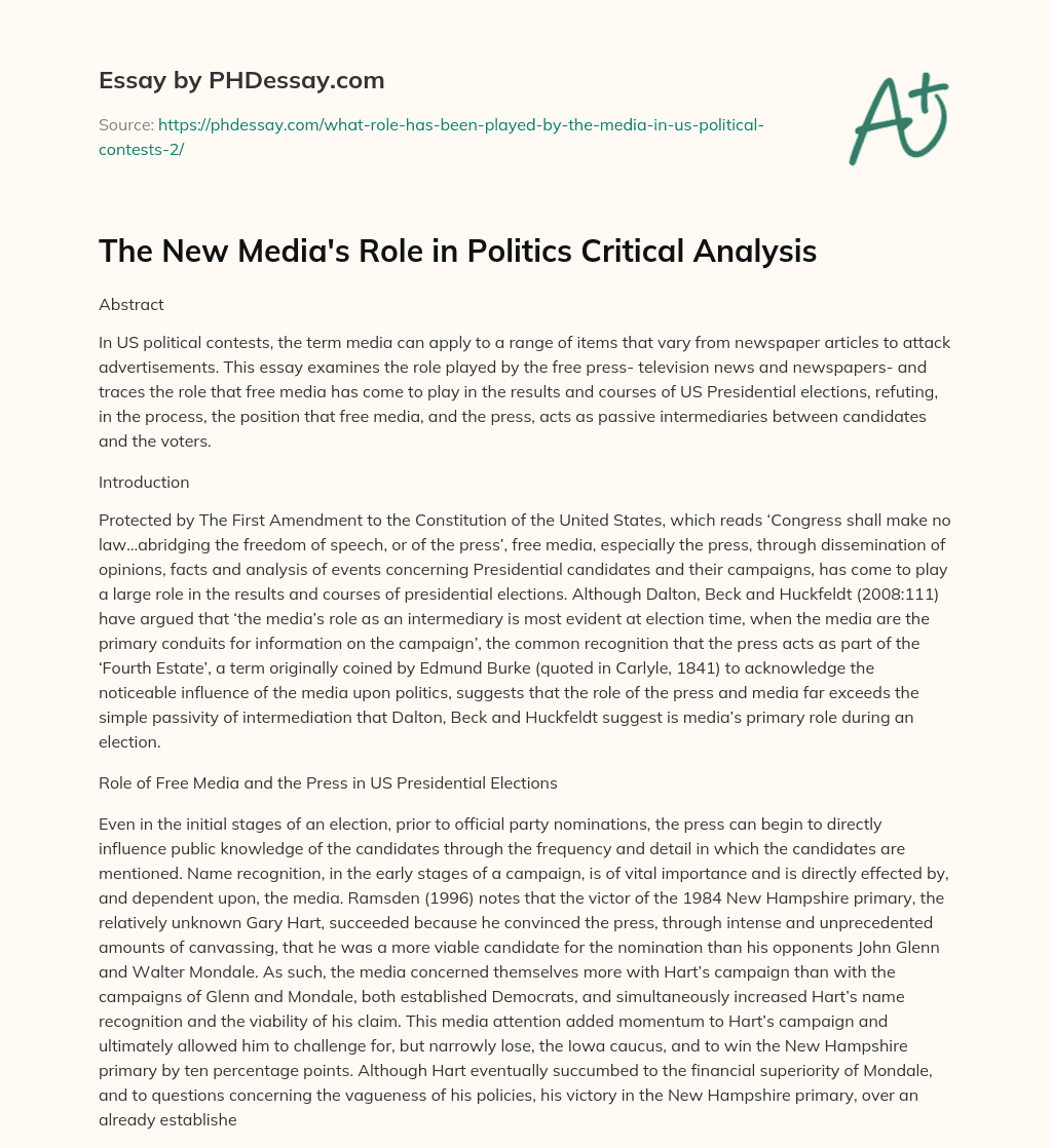 The New Media’s Role in Politics Critical Analysis essay