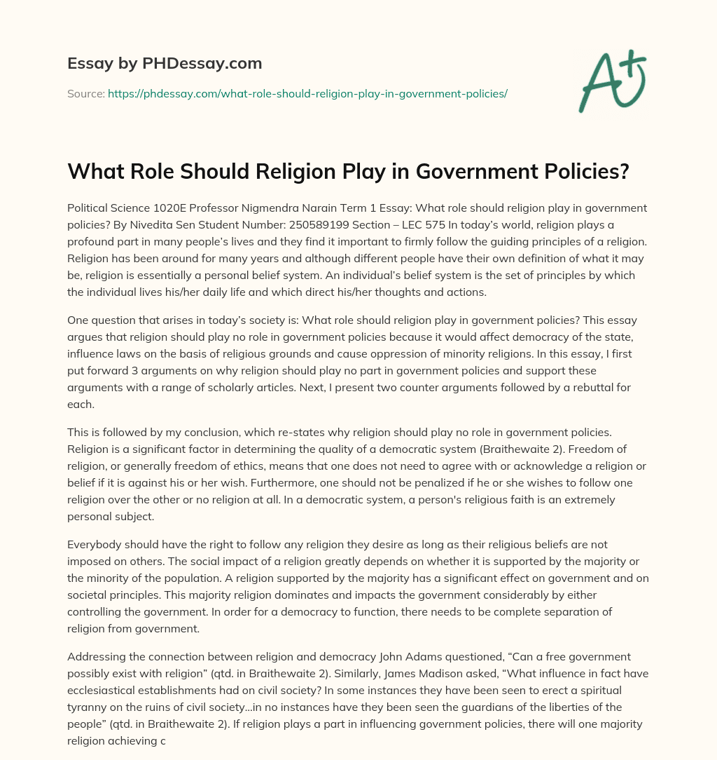 What Role Should Religion Play in Government Policies? essay