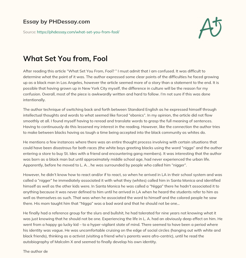 What Set You from, Fool essay