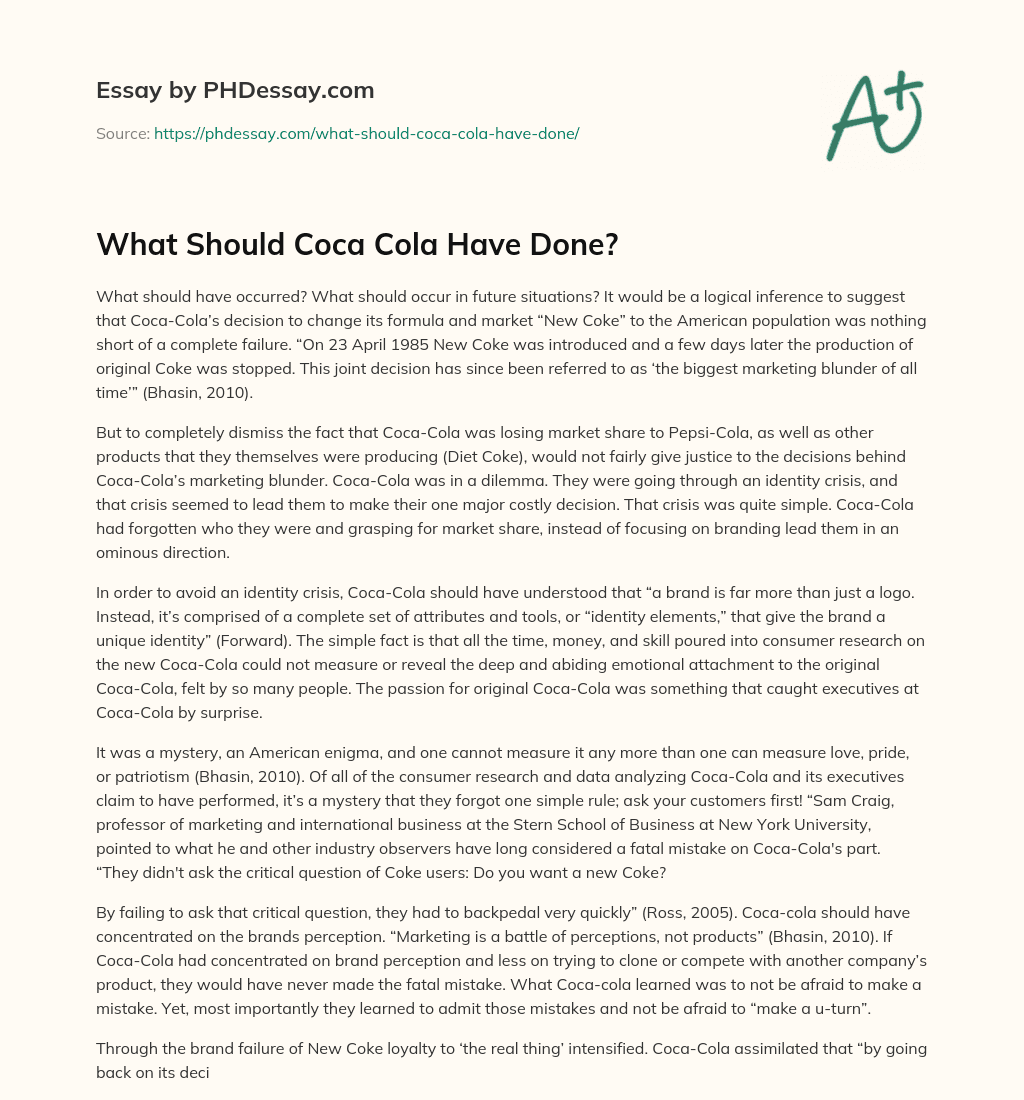 What Should Coca Cola Have Done? essay