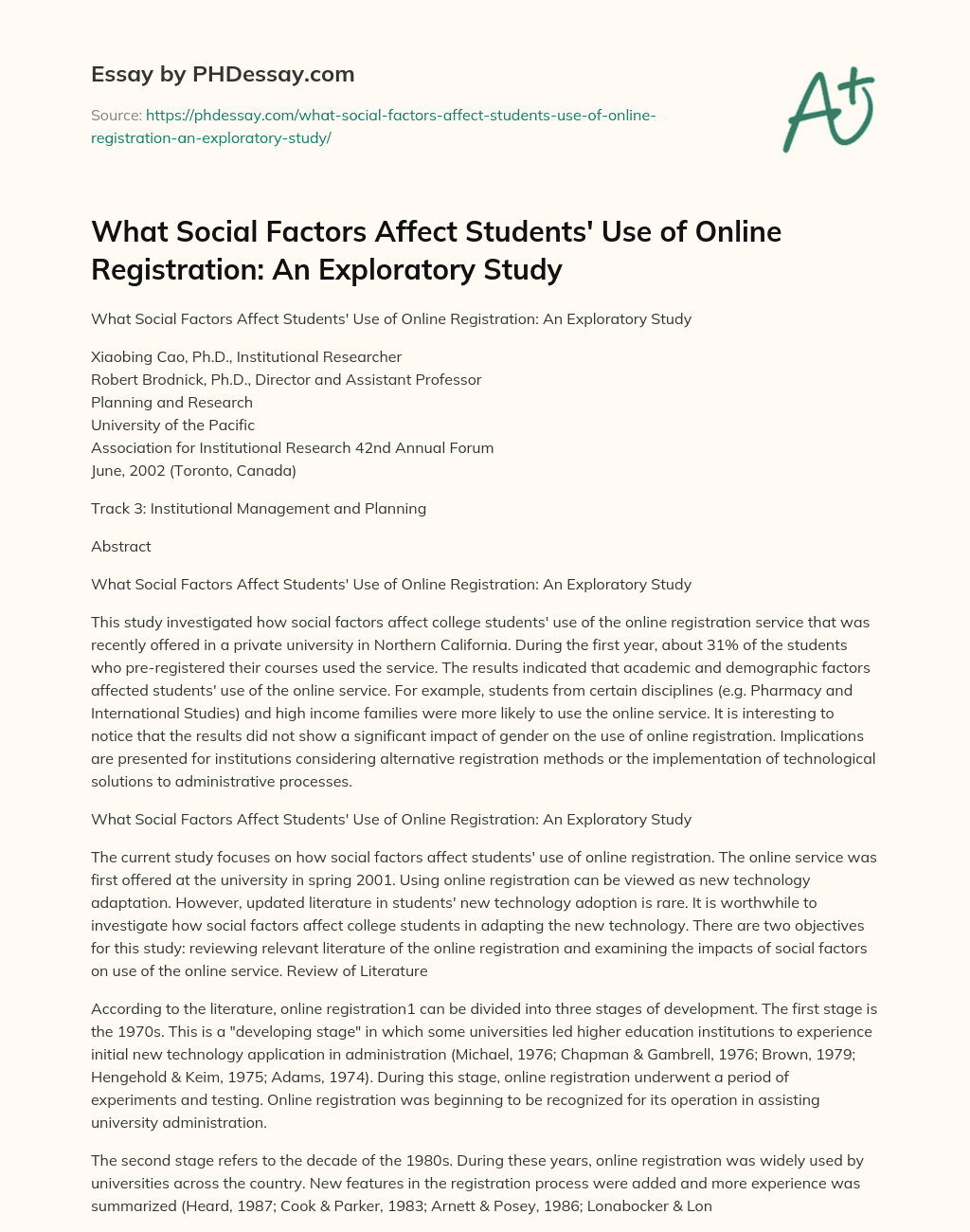What Social Factors Affect Students’ Use of Online Registration: An Exploratory Study essay