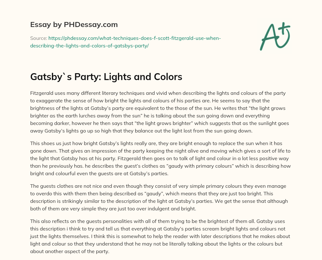 Gatsby`s Party: Lights and Colors essay