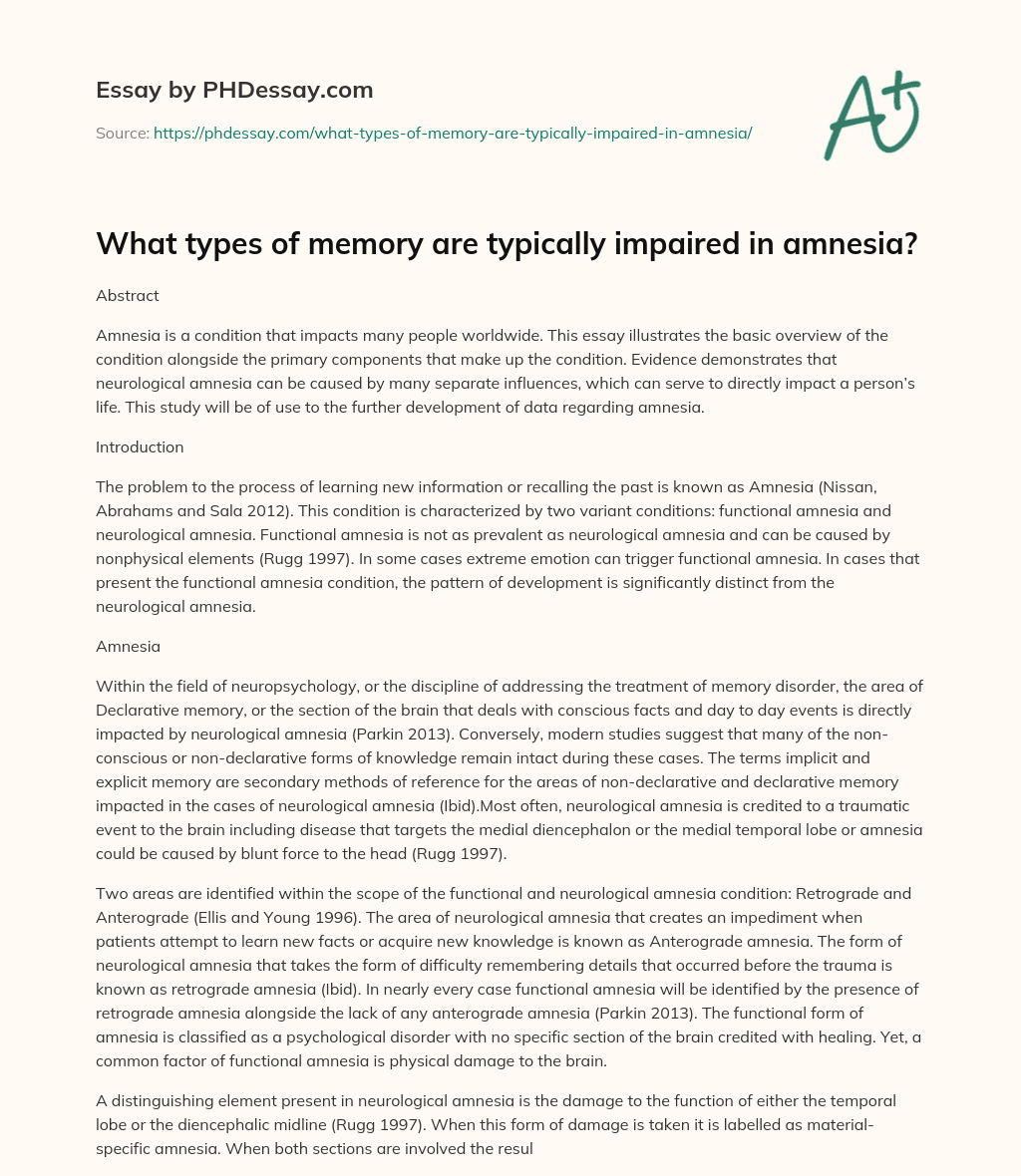 What types of memory are typically impaired in amnesia? essay