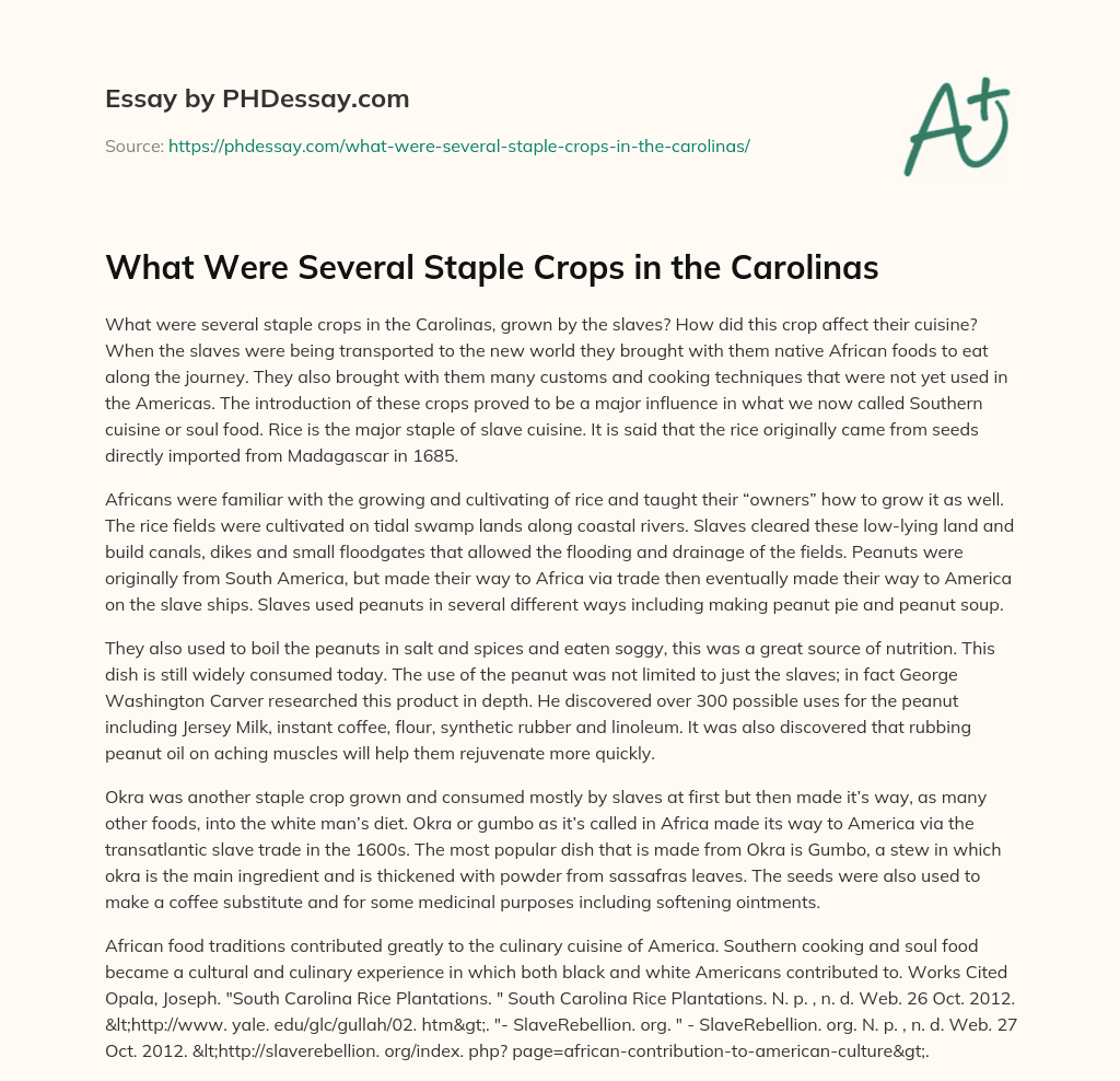 What Were Several Staple Crops in the Carolinas essay