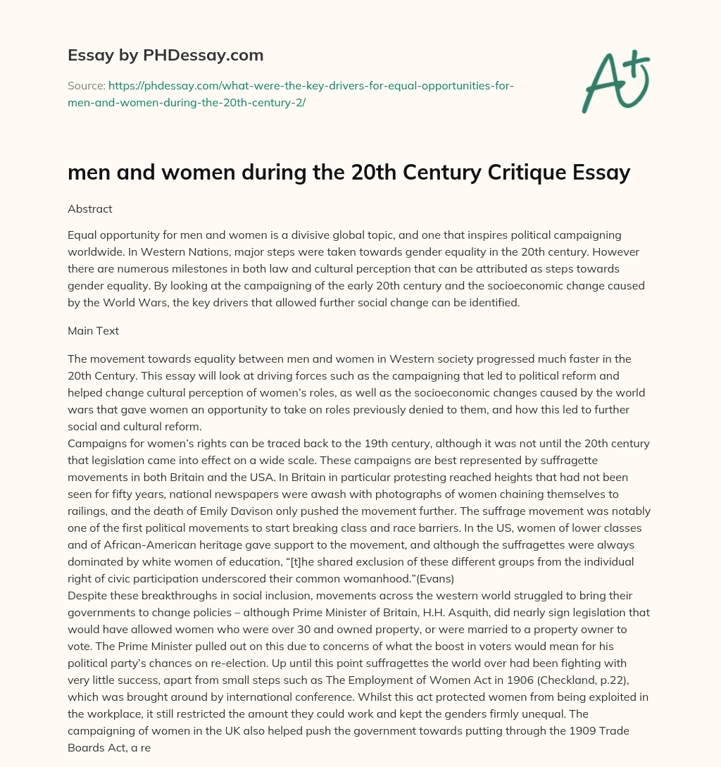 men and women during the 20th Century Critique Essay essay