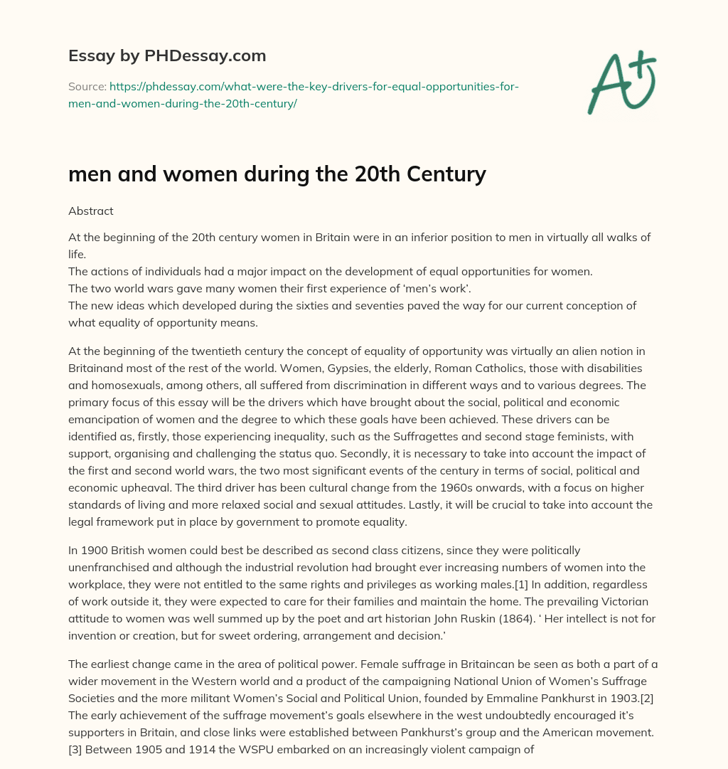 men and women during the 20th Century essay
