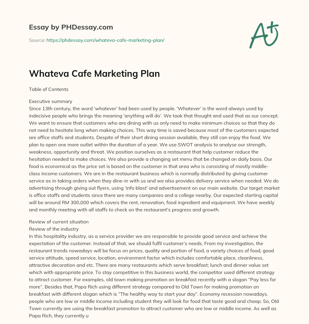 Whateva Cafe Marketing Plan essay