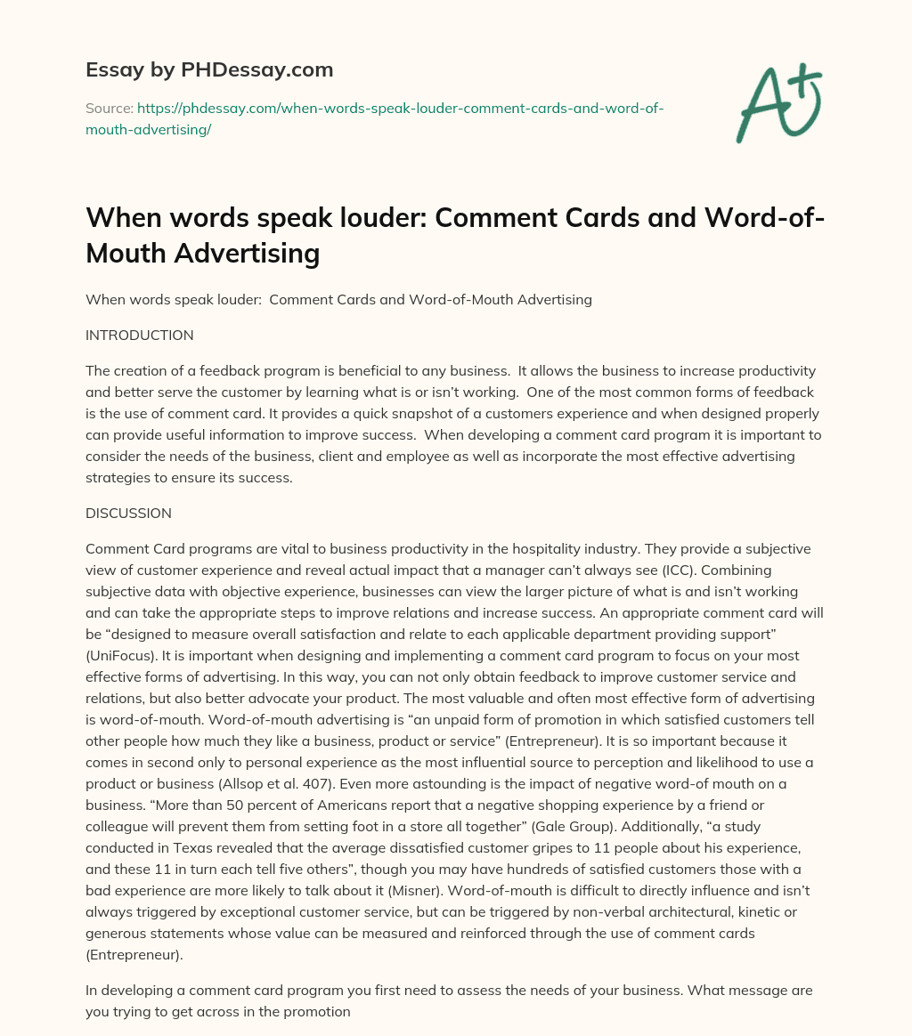 When words speak louder:  Comment Cards and Word-of-Mouth Advertising essay