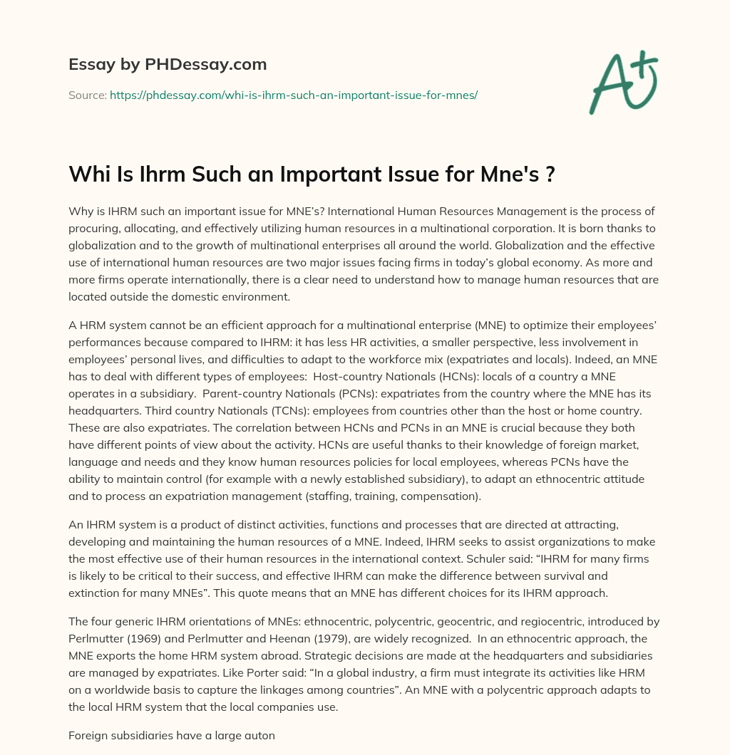 Whi Is Ihrm Such an Important Issue for Mne’s ? essay