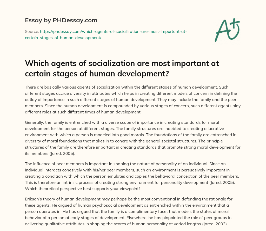 Which agents of socialization are most important at certain stages of human development? essay