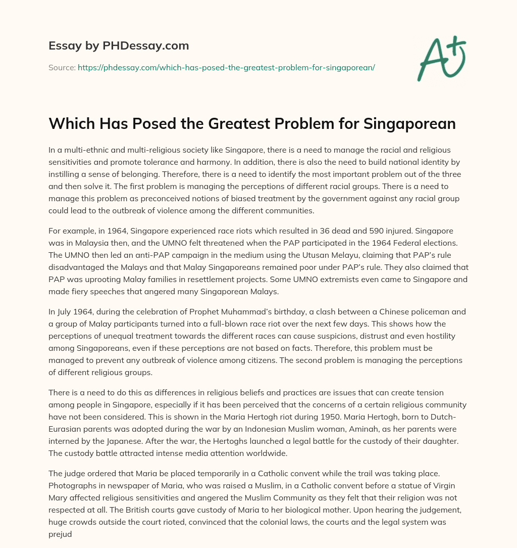 Which Has Posed the Greatest Problem for Singaporean essay