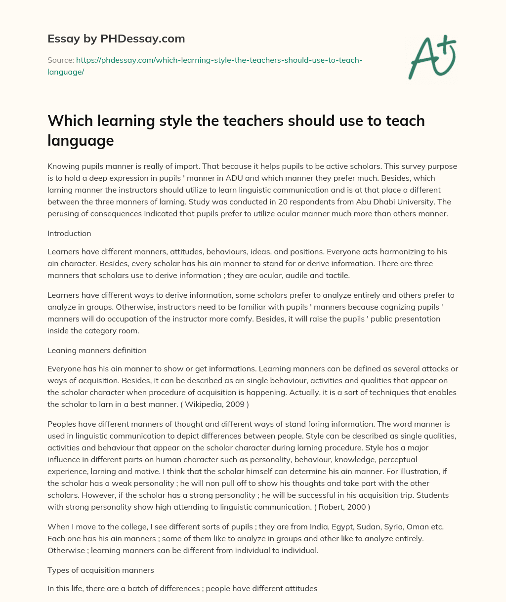 Which learning style the teachers should use to teach language essay