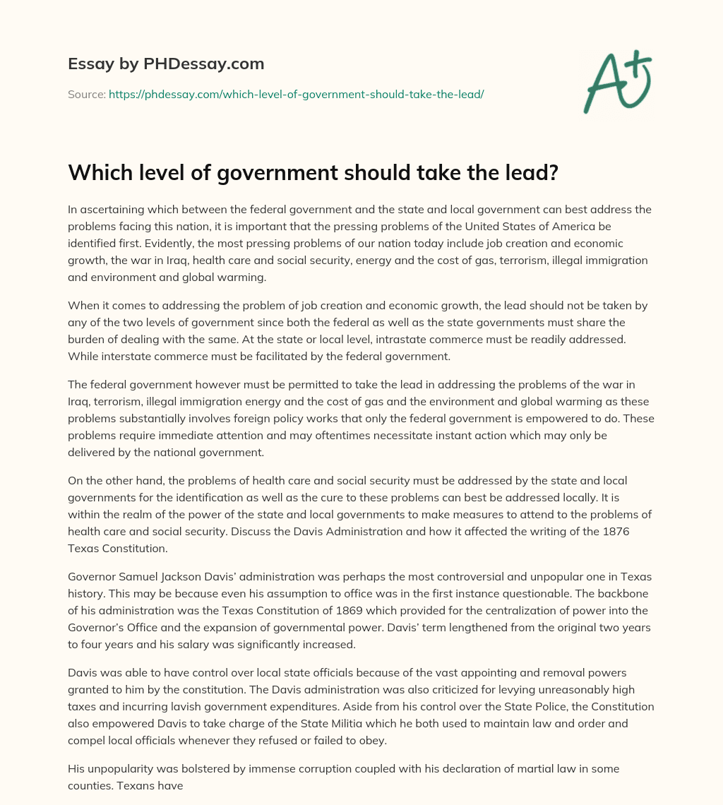 Which level of government should take the lead? essay