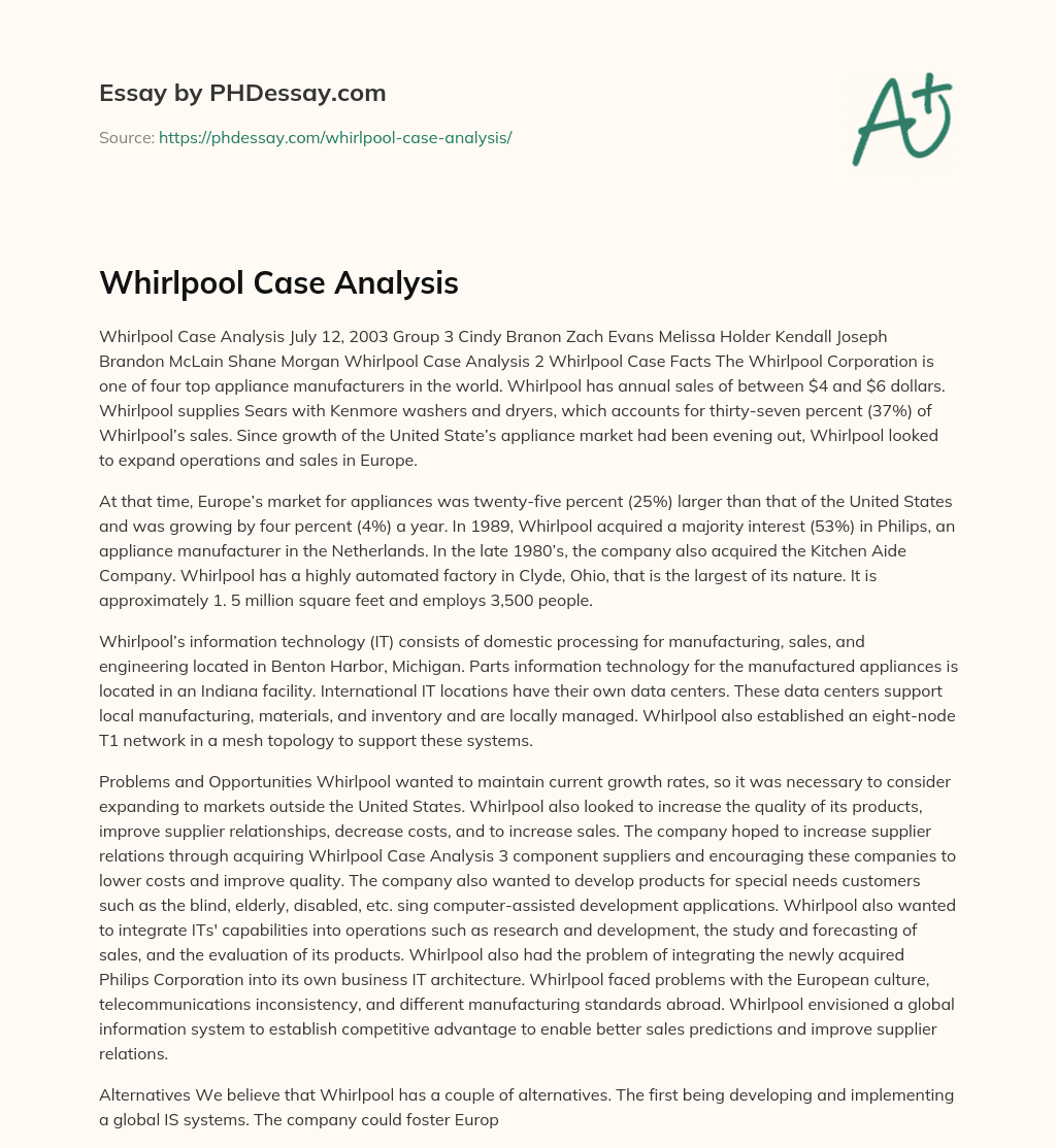 Whirlpool Case Analysis essay
