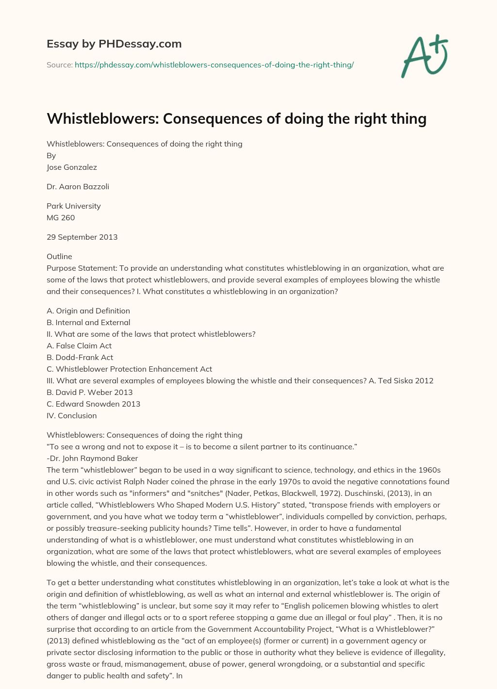 Whistleblowers: Consequences of doing the right thing essay
