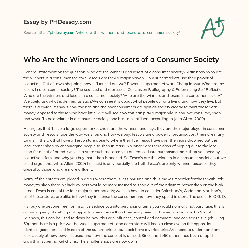 Who Are the Winners and Losers of a Consumer Society essay