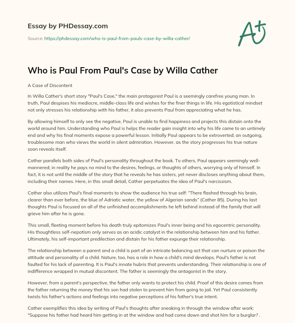 Who Is Paul From Paul'S Case By Willa Cather Essay Example