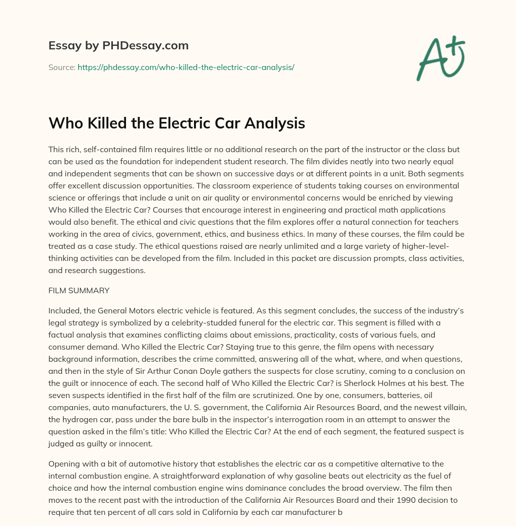 Who Killed The Electric Car Analysis Summary Essay Example