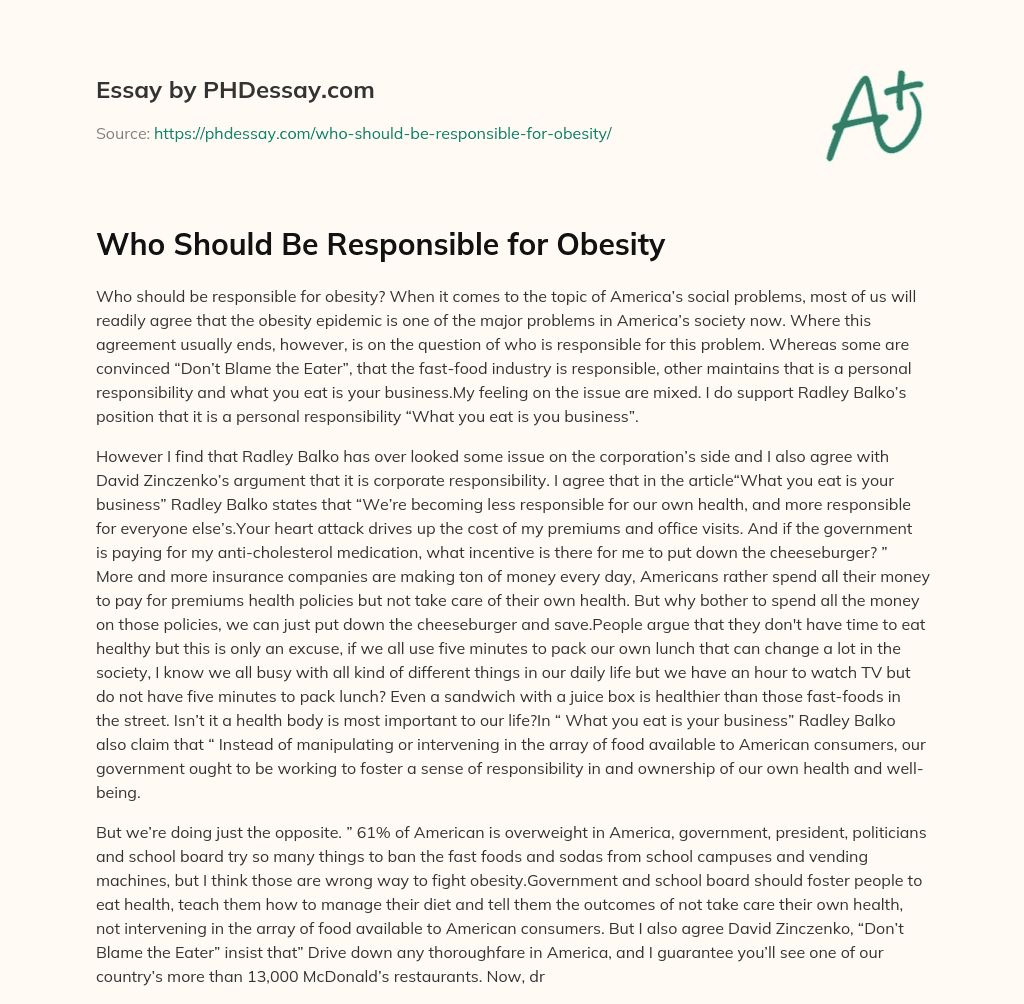 Who Should Be Responsible for Obesity essay