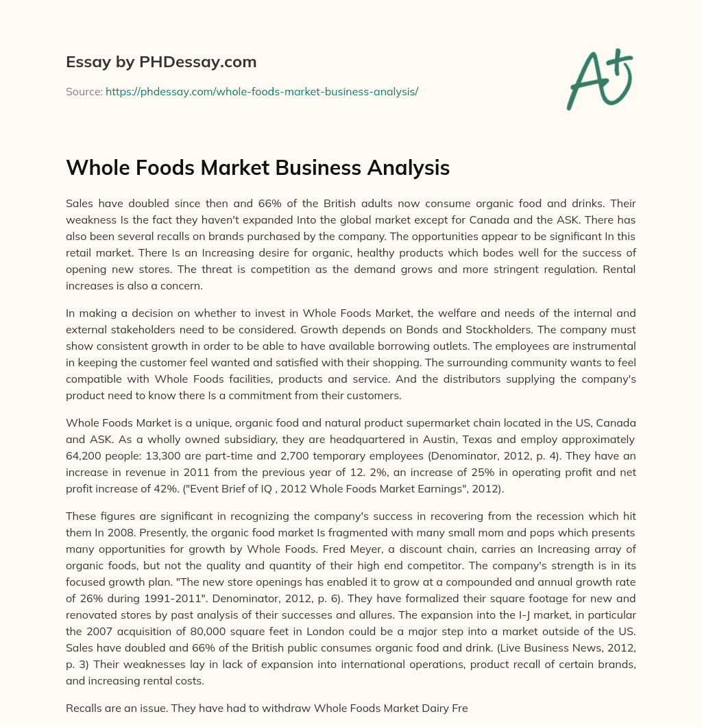 Whole Foods Market Business Analysis essay