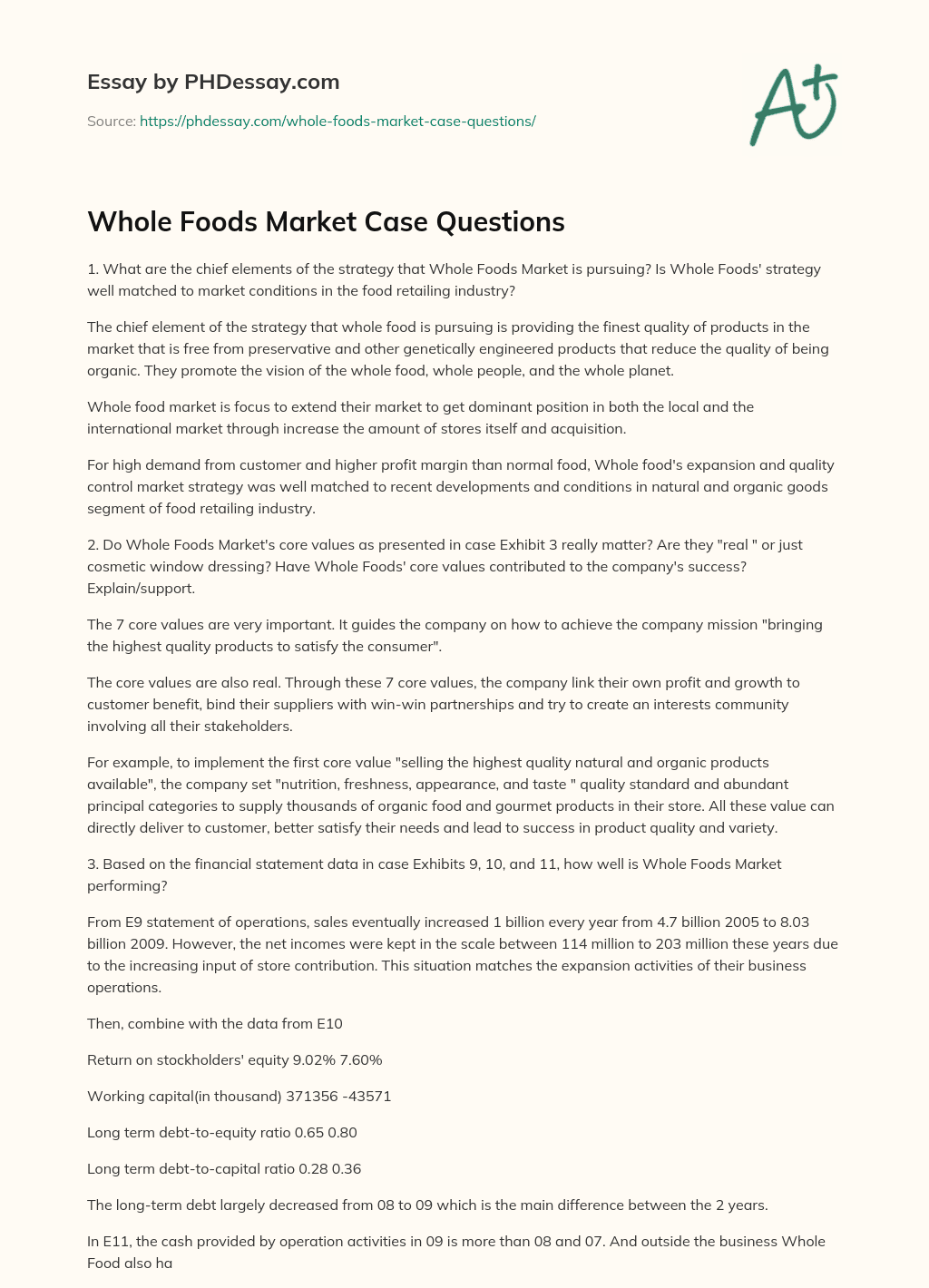 Whole Foods Market Case Questions essay