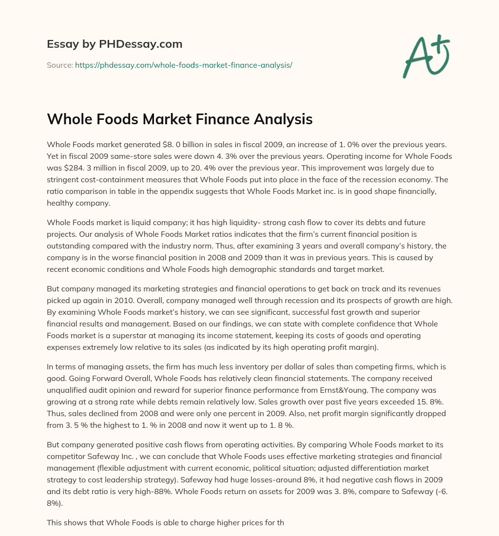 Whole Foods Market Finance Analysis essay