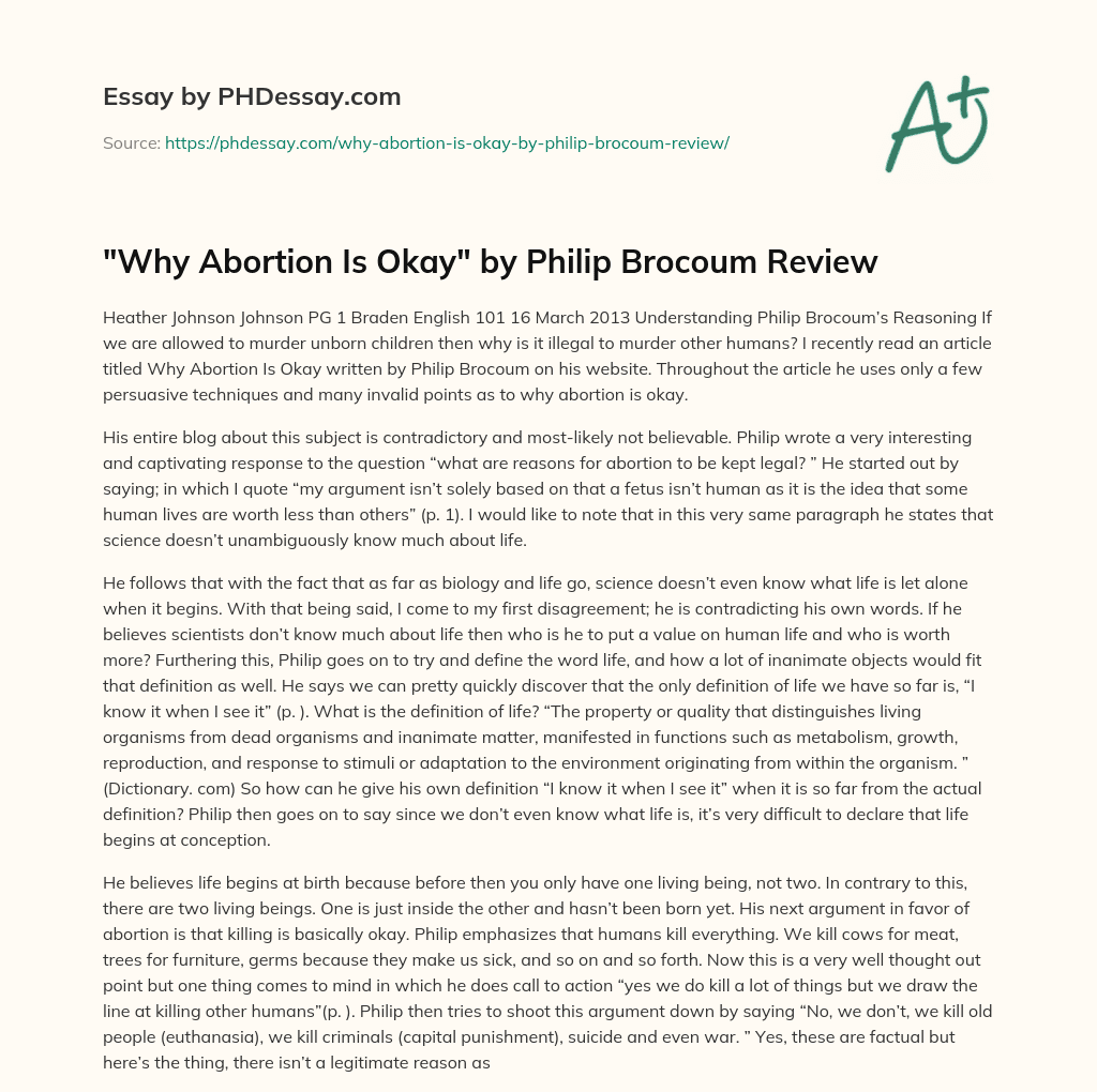 “Why Abortion Is Okay” by Philip Brocoum Review essay