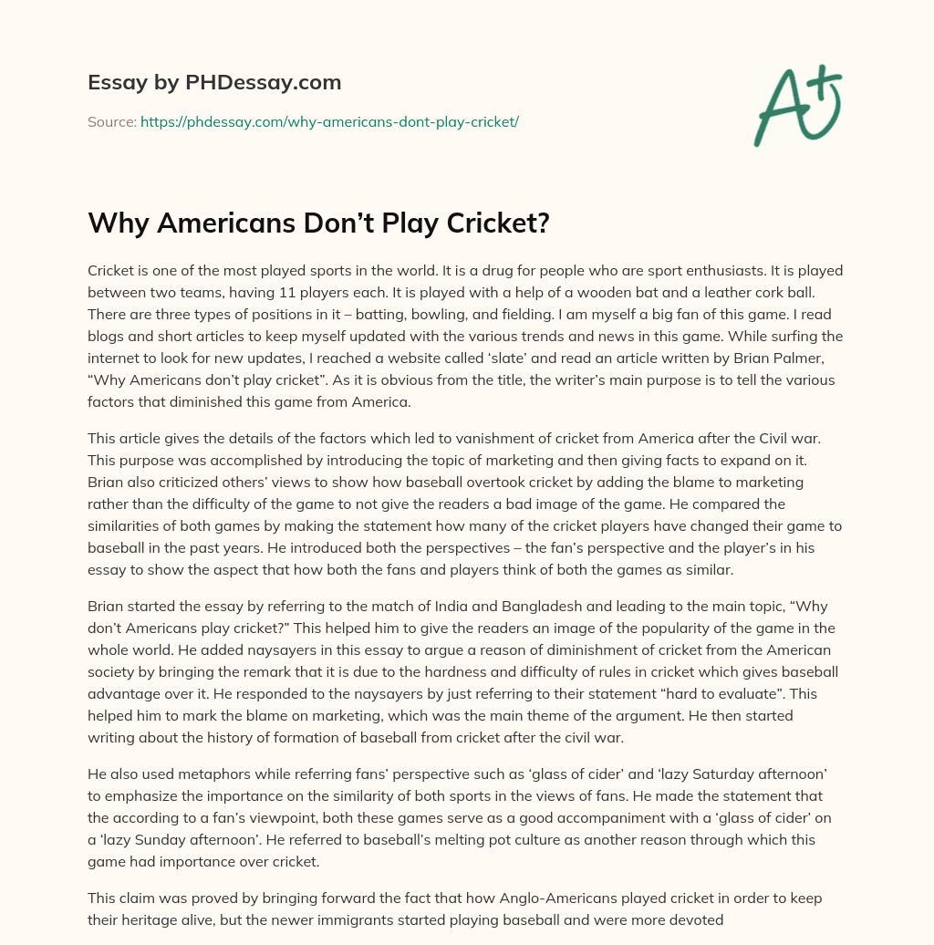 Why Americans Don’t Play Cricket? essay