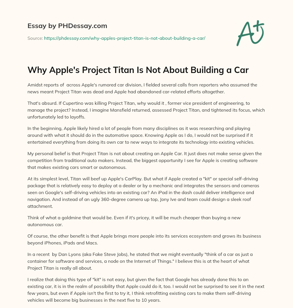 Why Apple’s Project Titan Is Not About Building a Car essay