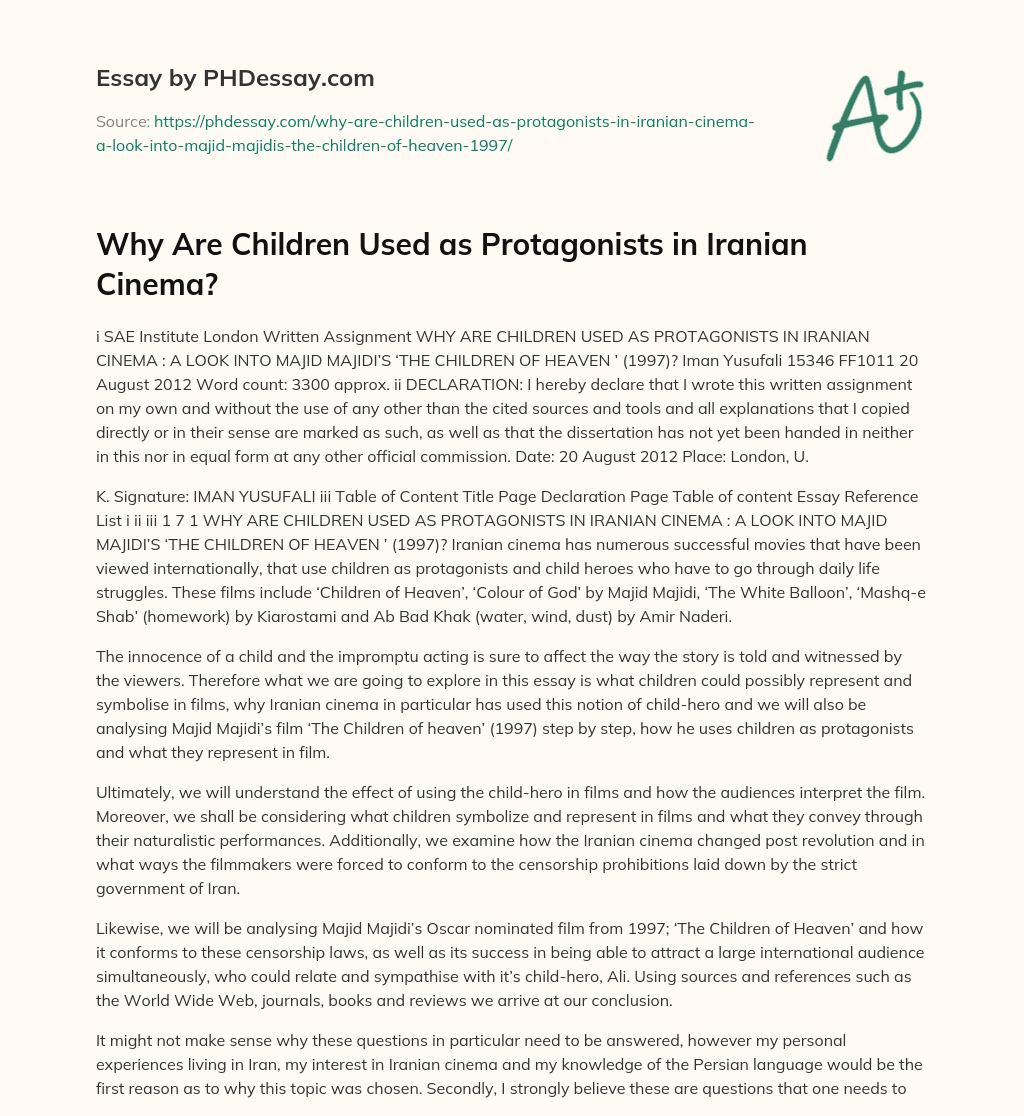 Why Are Children Used as Protagonists in Iranian Cinema? essay