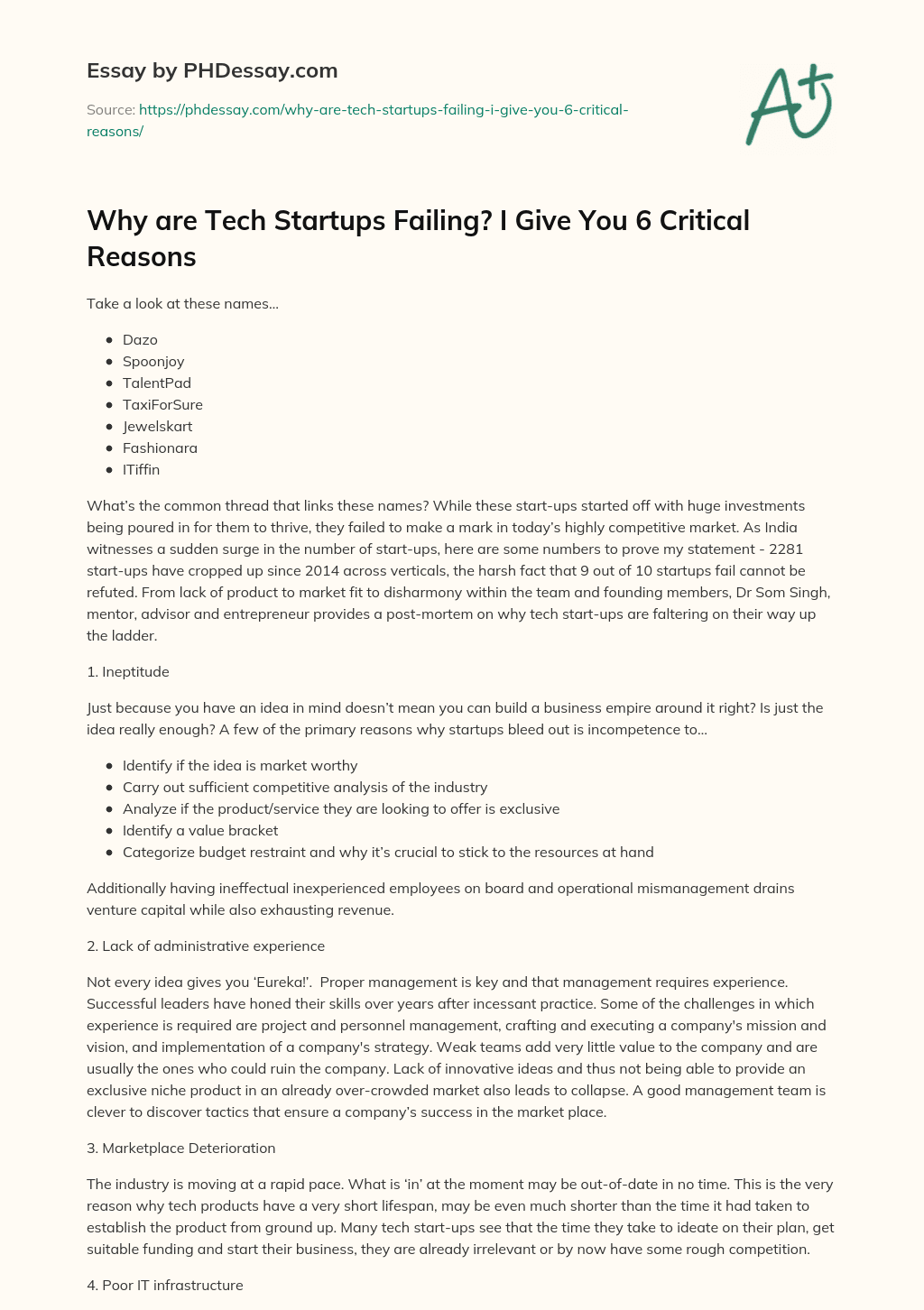 Why are Tech Startups Failing? I Give You 6 Critical Reasons essay