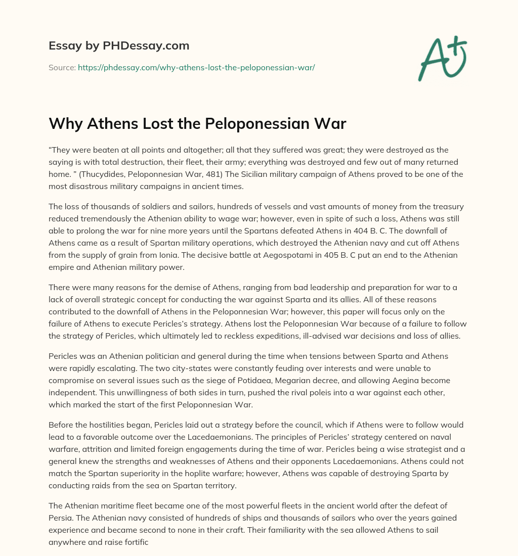 Why Athens Lost the Peloponessian War essay