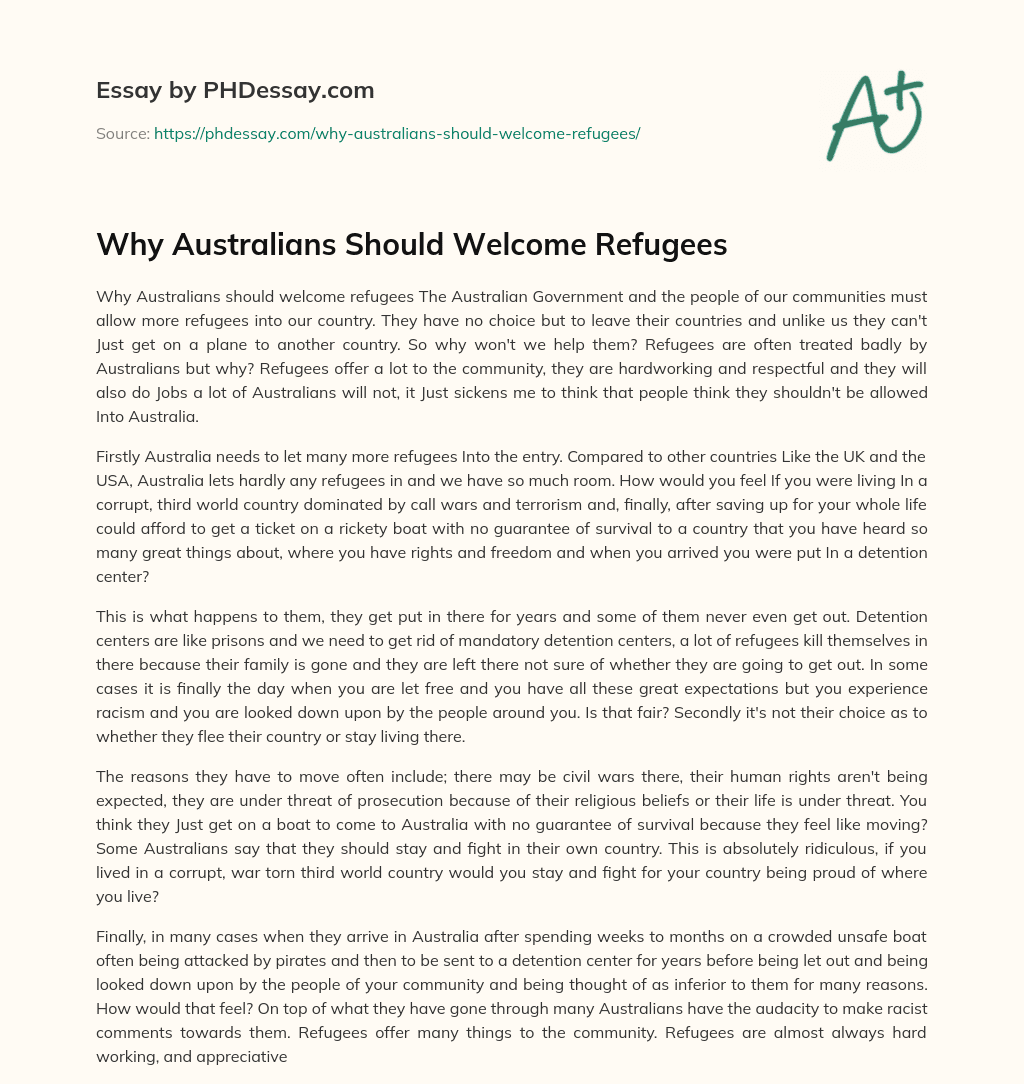 Why Australians Should Welcome Refugees essay