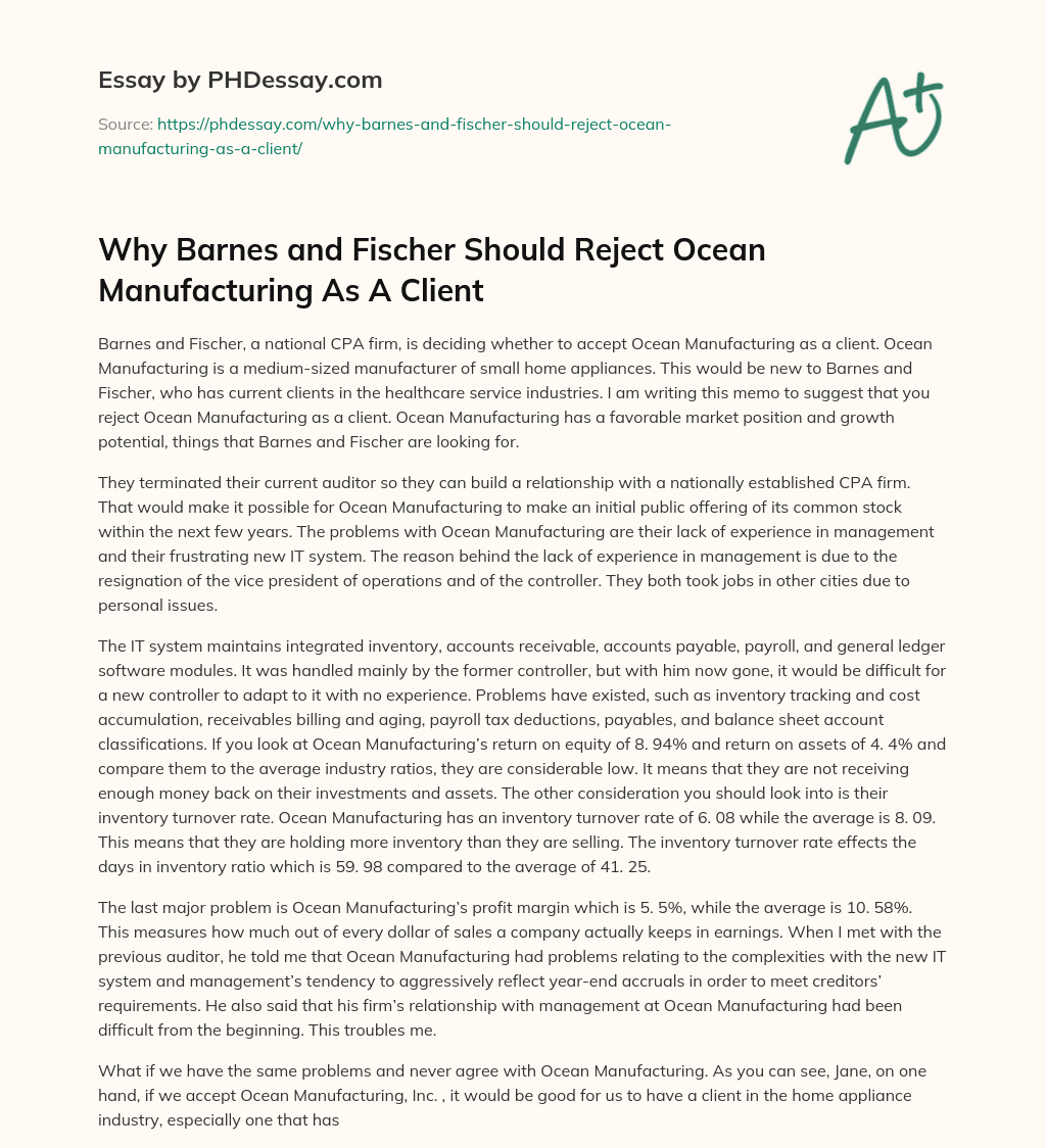 Why Barnes and Fischer Should Reject Ocean Manufacturing As A Client essay