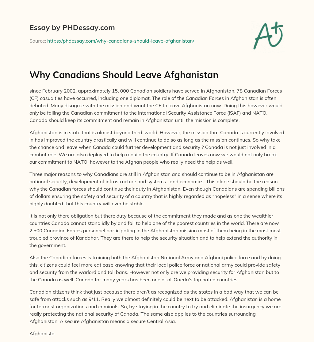 Why Canadians Should Leave Afghanistan essay