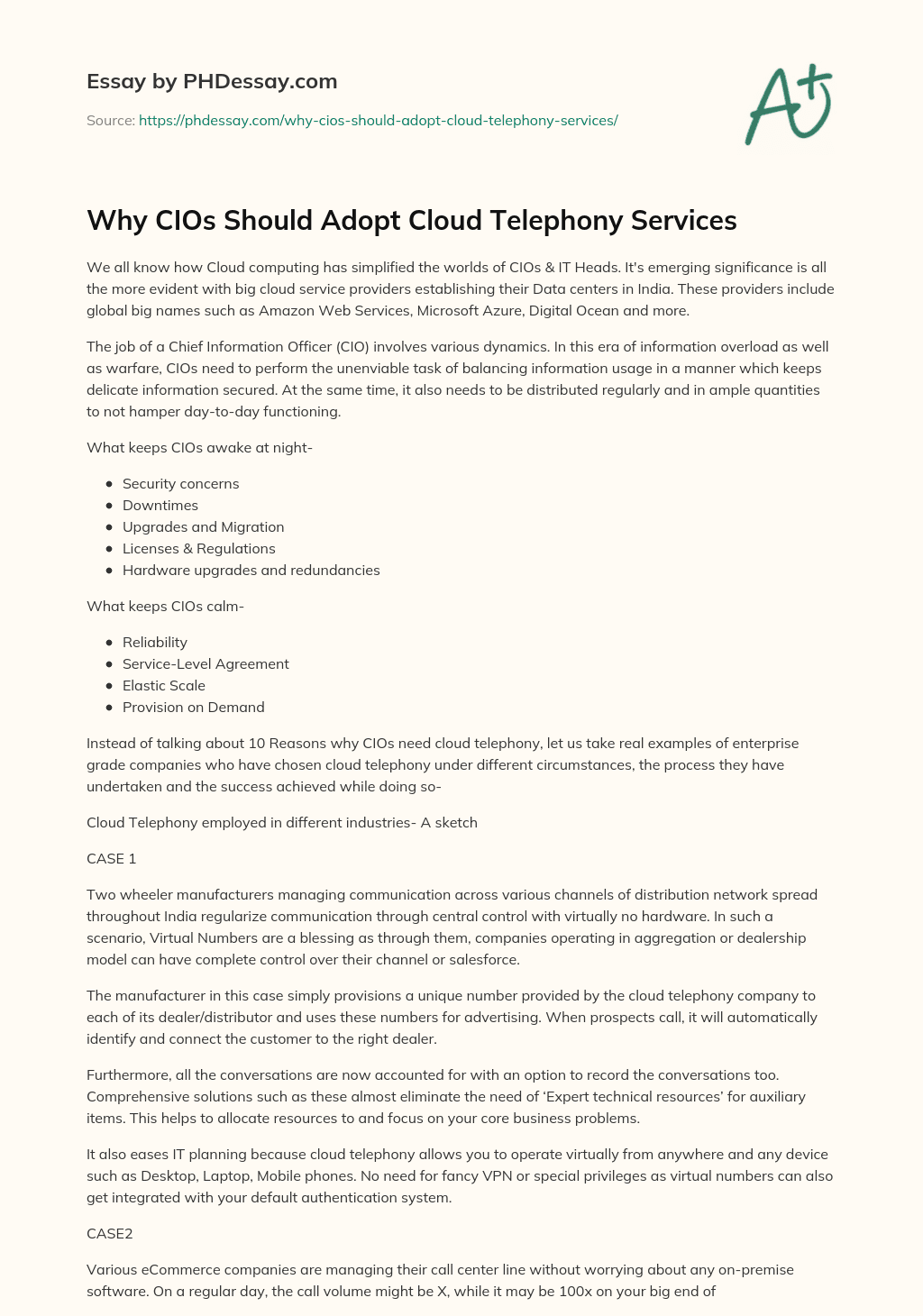 Why CIOs Should Adopt Cloud Telephony Services essay