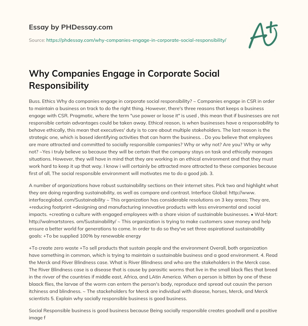 Why Companies Engage in Corporate Social Responsibility essay