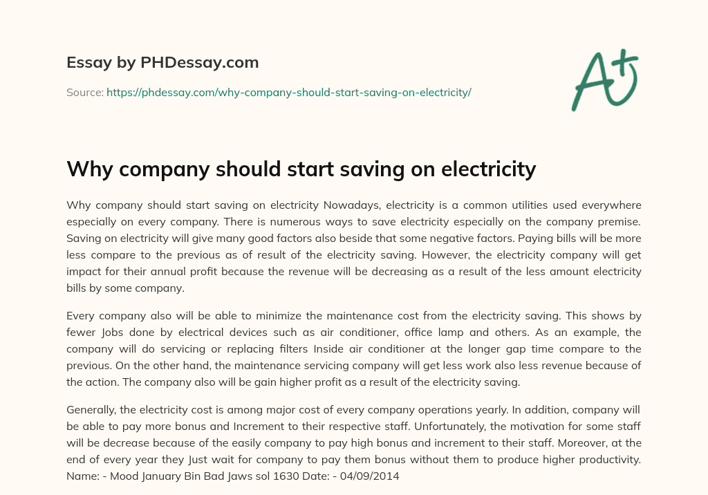 Why company should start saving on electricity essay