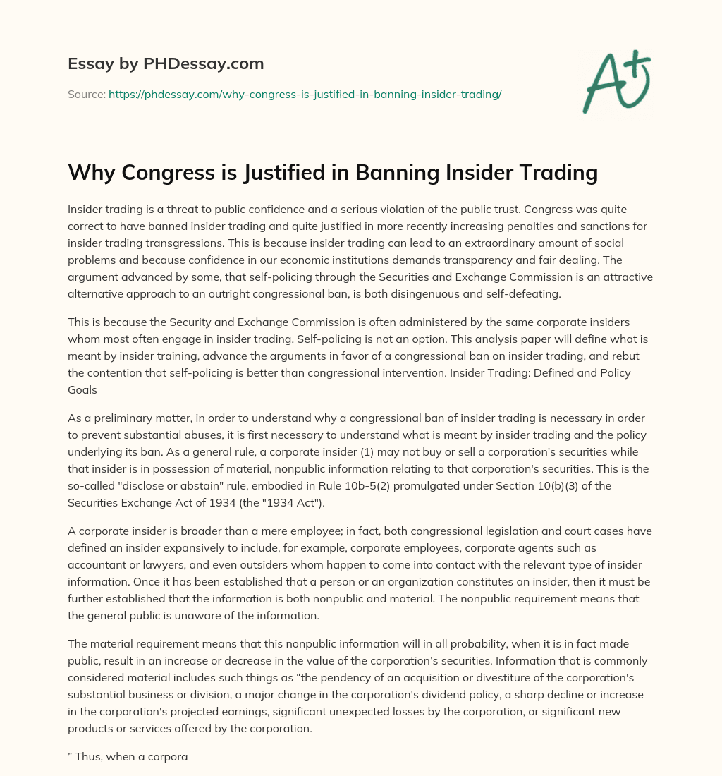 Why Congress is Justified in Banning Insider Trading essay