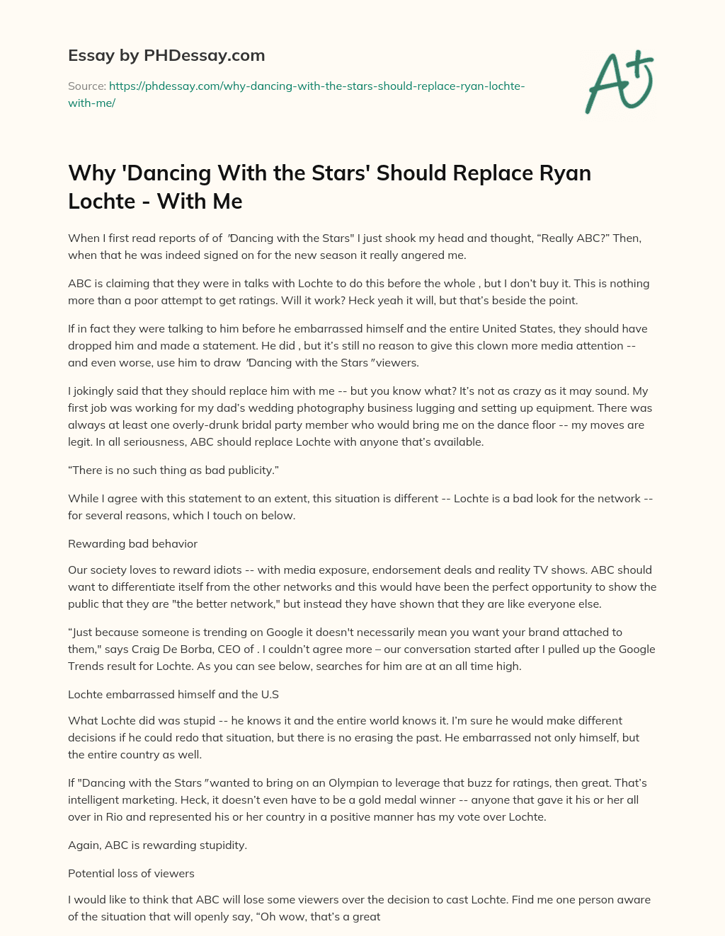 Why ‘Dancing With the Stars’ Should Replace Ryan Lochte – With Me essay