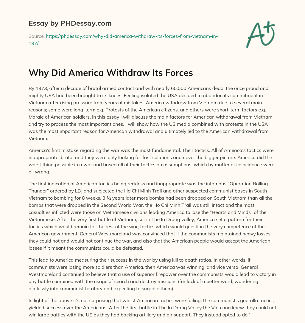 Why Did America Withdraw Its Forces - PHDessay.com