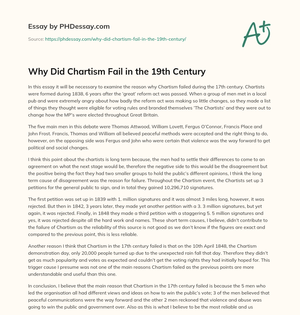 Why Did Chartism Fail in the 19th Century essay