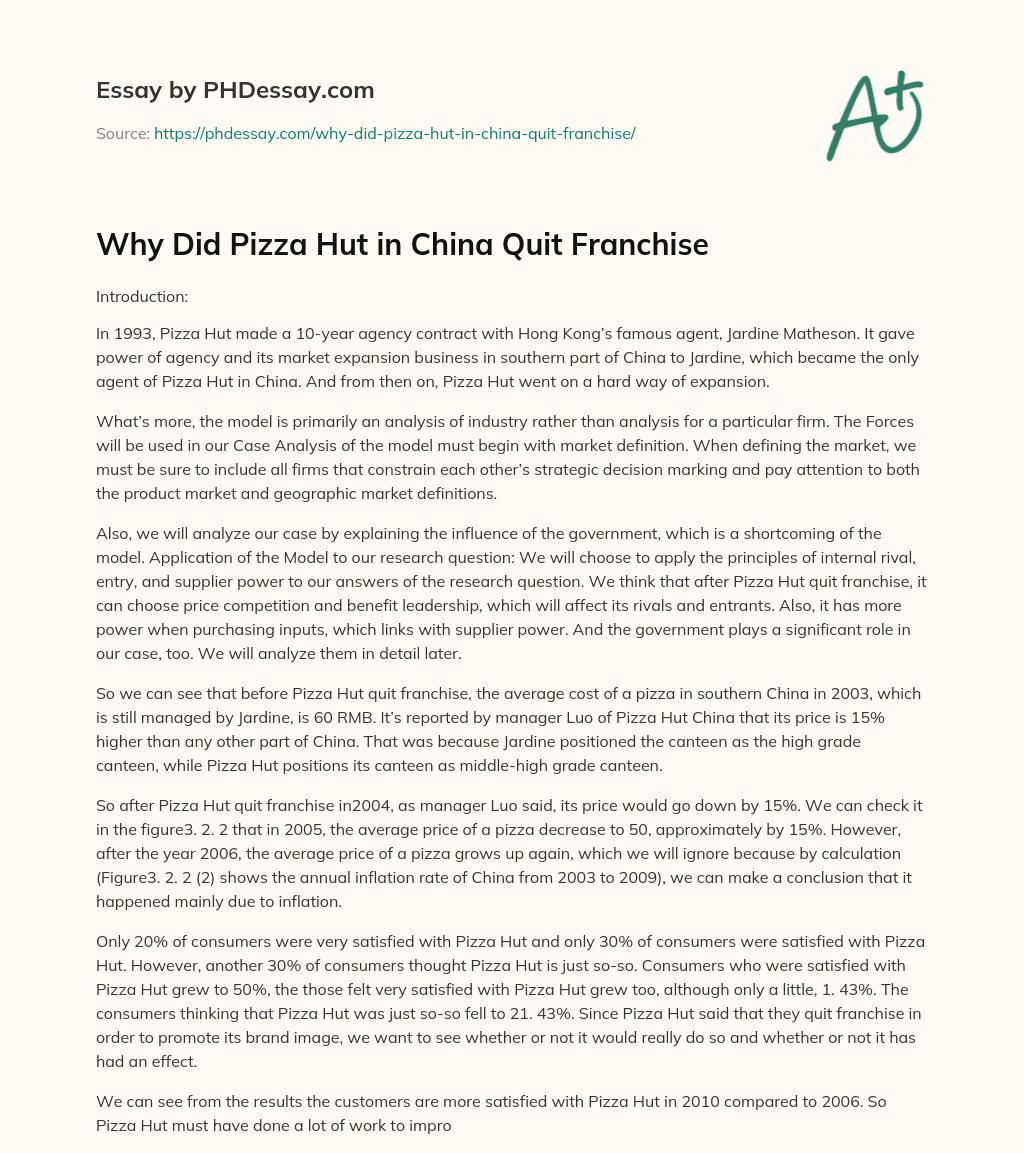 Why Did Pizza Hut in China Quit Franchise essay