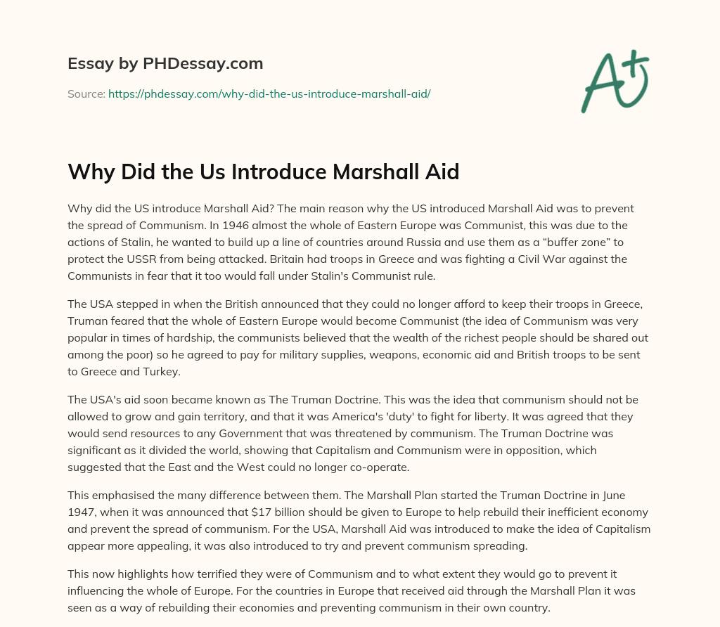 Why Did the Us Introduce Marshall Aid essay