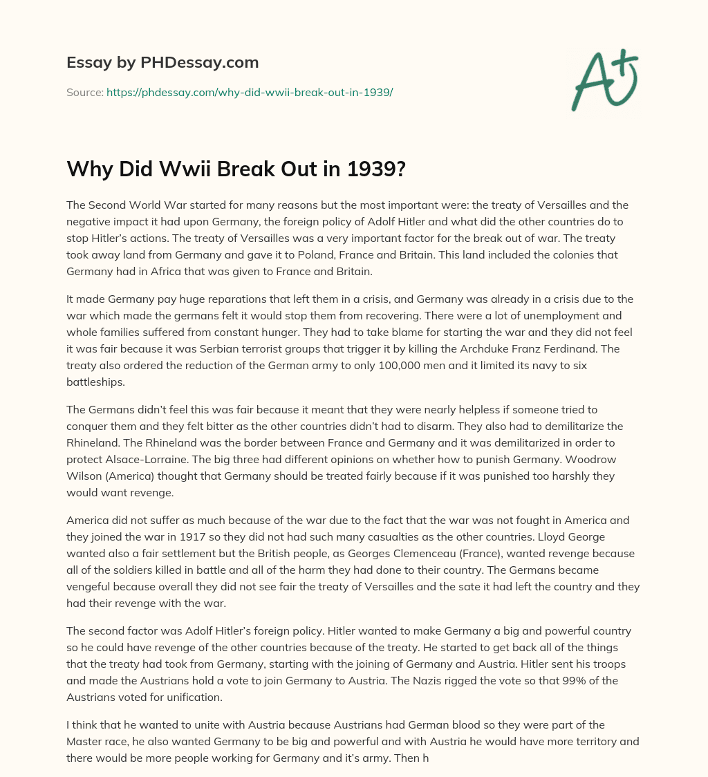 Why Did Wwii Break Out in 1939? essay